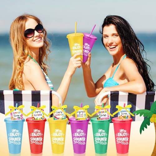 Honeydak 36 Sets Summer Tumbler Bulk 24 oz Plastic Tumbler Cup with Lids Straws and Greeting Card Appreciation Gift for Summer Beach Pool Party Favors Prizes - Image 6
