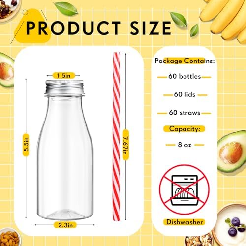 Yinkin 60 Sets Plastic Milk Bottles with Straws Bulk Reusable Beverage Containers for Birthday Baby Shower Party with Metal Lids Straws for Milk Juice Smoothies (8 oz,Red,White) - Image 2