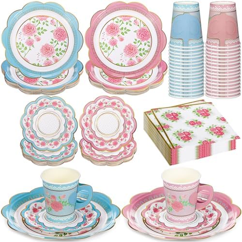 FillTouch 50 Sets Floral Paper Tea Cups and Saucers for Tea Party by FillTouch
