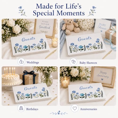 Embroidered Floral Guestbook for Wedding, Bridal Shower & Baby Shower, Linen Guest Sign-In Keepsake with Blank Ivory Pages, Lay-Flat Design & Ribbon Bookmark, 10.25” x 8.25” (Blue Floral) - Image 4