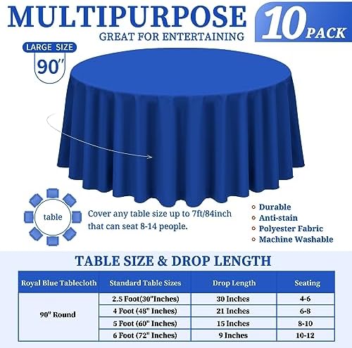 Showgeous 90 Inch Royal Blue Round Tablecloths, Polyester Table Covers - Image 2