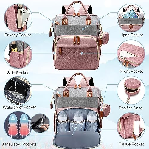 SHITIESHOU Diaper Bag Backpack Baby Bag, Baby Girl Boy Diaper Bag for Dad Mom with Pad, 16 Pockets, Pacifier Case, Large Diaper Bags Unisex for Travel(Pink Grey) - Image 3