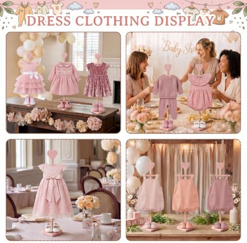 Fuutreo 2 Packs Baby Clothes Display Stands Heart-Topped Baby Shower Centerpiece Babies Clothes Rack with Bow Wooden Adjustable Outfit Hangers Display for Layette Dress, Hand Assembled (Pink) - Image 5