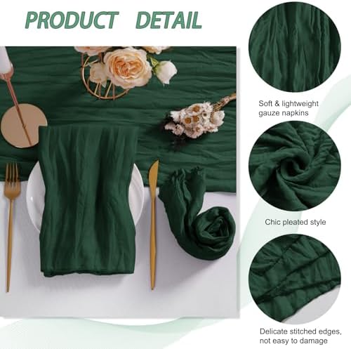 LZY 60 Pack Gauze Cheesecloth Napkins 20x20 Inch Dinner Cloth Napkins, Soft Boho Table Napkins Rustic Wrinkled Cheese Cloth Napkins Bulk for Wedding Party Baby Shower Event Decor (Emerald Green) - Image 4