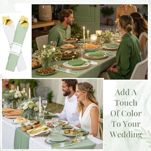 Lasnten 50 Pcs Pre-rolled Gold Plastic Silverware Set, Sage Green - Image 6