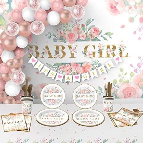 Baby Shower Decorations for Girl，242 PCS of Floral Girl Baby Shower Decorations Party Supplies with Background,Disposable Tableware（25 guests),"It's A Girl" Banner, Balloons Wreath and Tablecloth by JueslyBirthdayParty