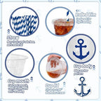 Whaline 50Pcs Nautical Disposable Plastic Cups with Lids and Straws 12 Oz Blue Anchor Cold Beverage Drinking Cups for Ocean Theme Birthday Party Supplies - Image 3