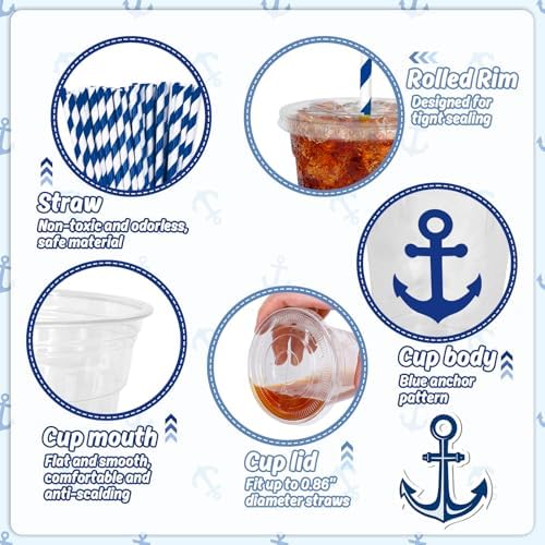 Whaline 50Pcs Nautical Disposable Plastic Cups with Lids and Straws 12 Oz Blue Anchor Cold Beverage Drinking Cups for Ocean Theme Birthday Party Supplies - Image 3