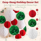 allydrew Christmas Pom Pom and Honeycomb Ball Party Decorations for Xmas, Winter, Holidays, Weddings, Birthdays (Set of 13), Red, Green, White - Image 2
