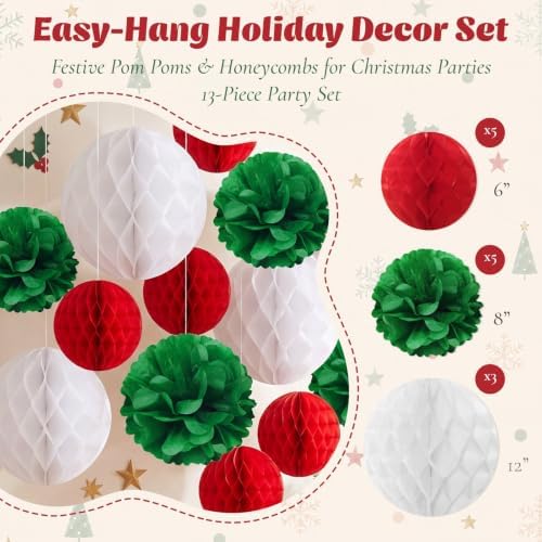 allydrew Christmas Pom Pom and Honeycomb Ball Party Decorations for Xmas, Winter, Holidays, Weddings, Birthdays (Set of 13), Red, Green, White - Image 2