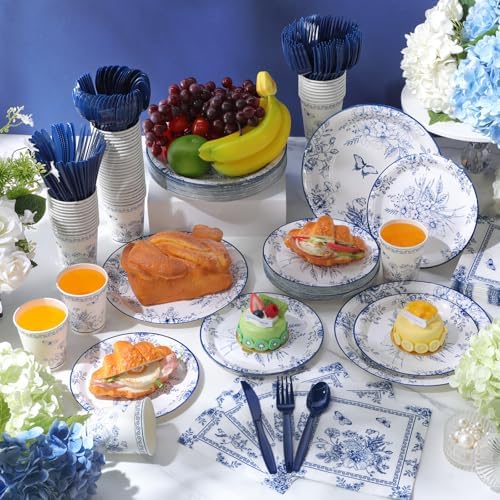 Ziliny 350 Pcs Blue White Floral Party Supplies Serves 50 Disposable Paper Blue Flower Paper Plates Napkins Cups Plastic Cutlery Vintage Floral Tableware Set for Wedding Birthday Bridal Tea Party - Image 5