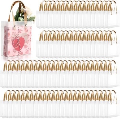 Qilery 100 Pack Frosted Gift Bags with Handles Clear Plastic Party Favor by Qilery