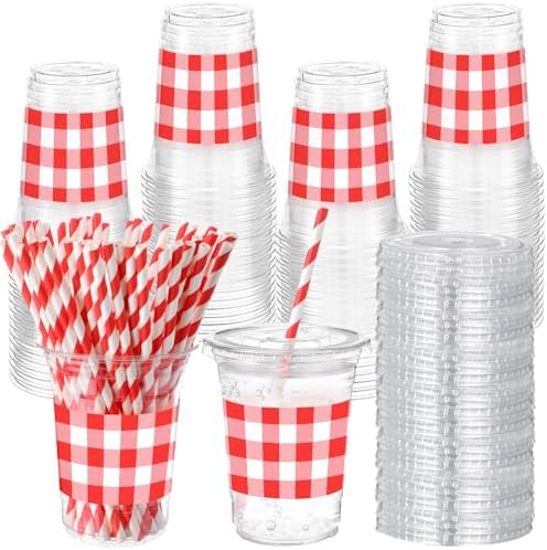 Sliner 50 Sets 16oz Red White Gingham Party Plastic Cups by Sliner