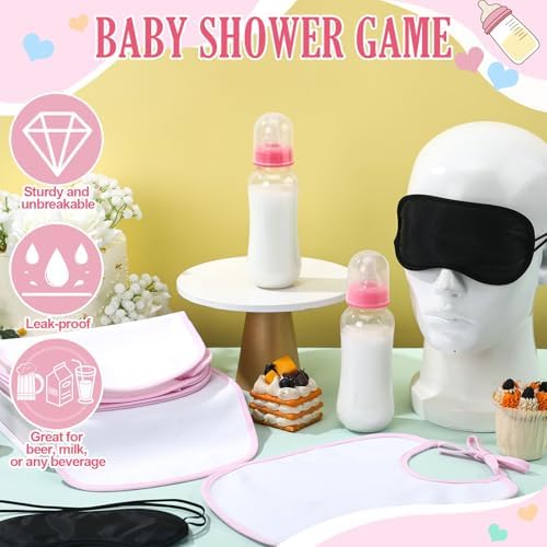 Leinuosen 24 Pcs Baby Shower Blindfold Feeding Game Set Include 6 Plastic Chug Bottles 6 Bib and 12 Eye Mask Blindfold Baby Feeding Bottle Chug Game for Adult Gender Reveal Party Supplies(Pink) - Image 4