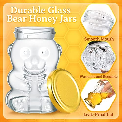 Patelai 24 Pack 9.5 oz Glass Bear Shaped Honey Jars with Lids Reusable Small Tilted Bear Glass Bottles Containers Dispenser for Candies, Birthday Wedding Party Favors(Classic, Gold) - Image 3