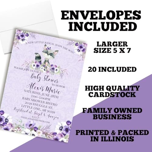 Amanda Creation Custom Baby Shower Invites Purple Raccoon Baby Shower Invitations 20 5x7 Custom Personalized Invites With Envelopes - Image 6