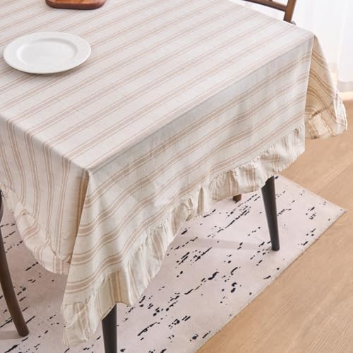 vctops Farmhouse Khaki Stripe Ruffle Table Cloth, Boho Cotton Linen Tablecloth, Washable Table Cover for Rectangle Table Baby Shower Kitchen Party Wedding Decor (Khaki A,55"x86") - Image 5