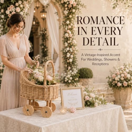Wicker Baby Carriage Basket, Vintage Rattan Stroller Flower Basket for Baby Shower Centerpiece, Woven Carriage Decor for Wedding, Nursery Display and Photography Prop (Small) - Image 3