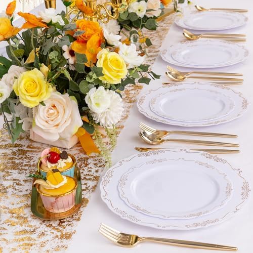 U-QE 100PCS Gold Plates Disposable - Heavy Duty White and Gold Plates - Image 4
