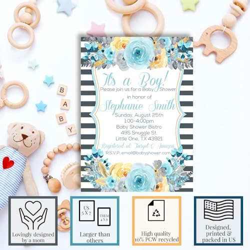Custom Baby Shower Invites Blue Gray Gold Peony Baby Shower Invitations 20 5x7 Custom Personalized Rustic Floral Invites With Envelopes - Unique Cards - Image 2