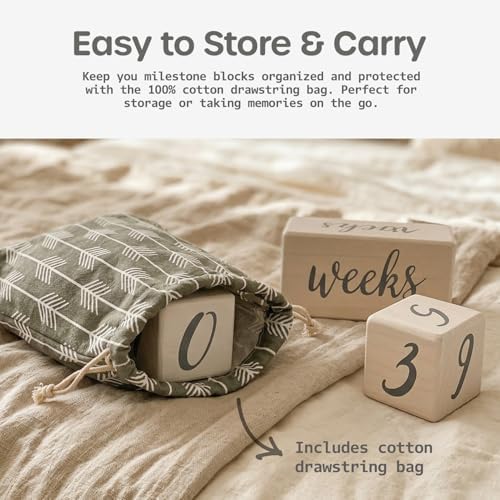Pondering Pine Baby Milestone Blocks - Natural White Stain Pine Wood with Weeks Months Years Grade - Milestones Age Block Set with Bag, Newborn Weekly Monthly First Year Picture Props, Earth Friendly - Image 6