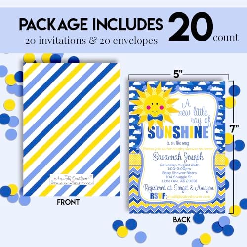 Custom Baby Shower Invites Boy Sunshine Baby Shower Invitation 20 5x7 Custom Personalized A Little Ray of Sunshine Shower Invites With Envelopes - Unique Sunshine Theme - Image 4