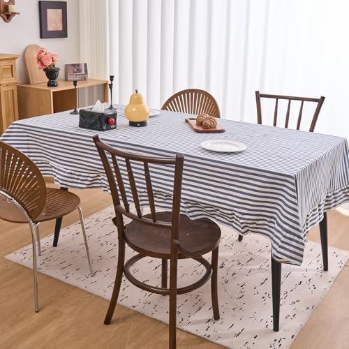vctops Farmhouse Navy Stripe Ruffle Table Cloth, Boho Cotton Linen Tablecloth, Washable Table Cover for Rectangle Table Baby Shower Kitchen Party Wedding Decor (Navy B,55"x118") - Image 3