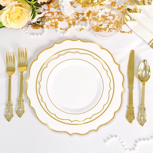Sylans 350PCS White Gold Plastic Plates Disposable Dinnerware for 50 Guests - Image 3