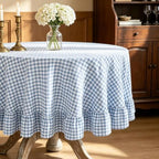 Eternal Beauty Gingham Ruffled Tablecloth Dusty Blue White 90 Round Wedding - Image 4