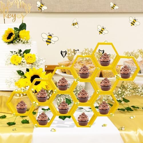 12 Pcs 4.13 Inch Honeycomb Cupcake Stand Cake Farmhouse Hexagon Display Holder Hexagonal Wood Cupcake Stand Floating Table Sign with Wooden Bee for Baby Shower Birthday Party Table Decorations - Image 2