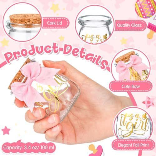 Funnymoom 24 Sets Baby Shower Bottles Favors for Guests Glass 100 ml Milk Jar with Ribbons and Stickers Decorations for Gender Reveal Newborn Centerpiece Party Favor(Pink,It's A Girl) - Image 4
