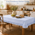 Blue White Striped Ruffled Tablecloth Rectangle 55" x 70" Farmhouse Washed Cotton Table Cloth with Short Ruffle Cottage Table Cover for Boho Dining Room Kitchen Picnic Home Party Decoration - Image 4