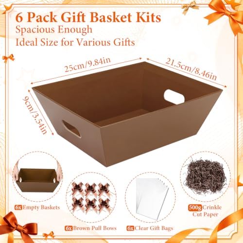 EVELOMO 6 Pack Empty Gift Baskets to Fill - 10" x 8" Baskets for Gifts Empty, Sturdy DIY Gifts Baskets Sets with 500g Crinkle Cut Papers for Birthdays Weddings Parties and Holidays (Brown) - Image 3