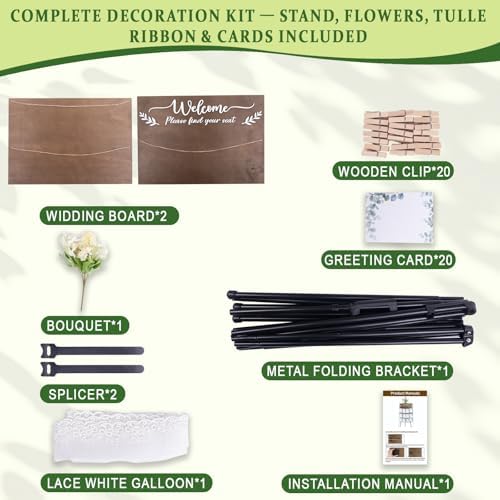 Wooden Wedding Seating Chart Board, Two Connectable Panels (23.7"×17"), 0.32" Thick, Foldable Design with Metal Stand, White Lace Ribbon, Floral Décor, and 20 Cards for Ceremony & Reception - Image 4