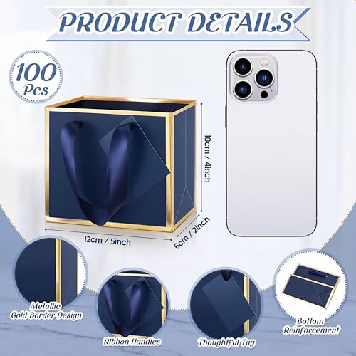 Yeaqee 100 Pcs Mini Metallic Paper Gift Bags with Handle, Navy Blue, Gold - Image 2