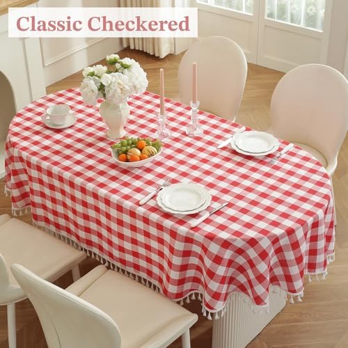 Laolitou Spring Checkered Oval Tablecloth Washable Heavy Duty Buffalo Plaid Table Cloth with Tassel Cotton Linen Gingham Table Cover for Picnic Birthday Tea Party, Red, 60 x 102 Inch - Image 2