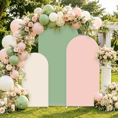 FYSUIMU 3 Pcs Pastel Arch Backdrop Covers Pink Sage Green Cream Stretchy Spandex Arch Stand Fabric Cover for Wedding Baby Bridal Shower Birthday Party Photo Booth Decoration (4ft/5ft/6ft) - Image 6