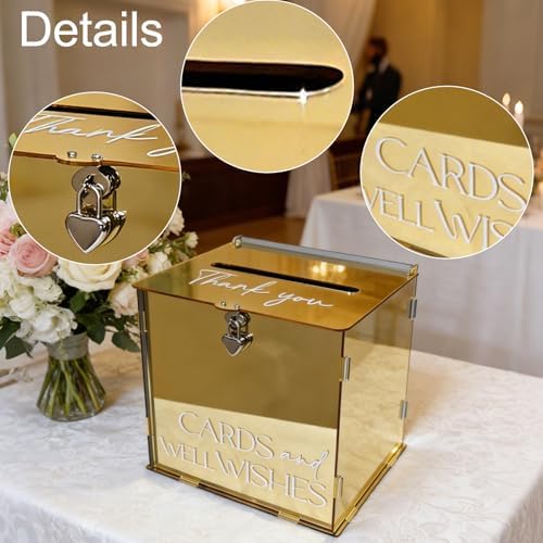 Acrylic Gold Card Box with Lock & Slot, Metallic Golden Classy Wedding Card Boxes for Reception, Luxury Money Gift Cards Box for Party Engagement Bridal Shower Luxury Wedding Table Decor - Image 5