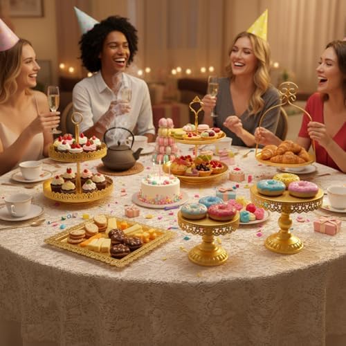 8 Pcs Cake Stands Set Metal Dessert Table Display Tiered Cupcake Holder Candy Donut Fruit Plate Cake Serving Tray with Handle Treats Serving Tower for Wedding Birthday Party Decorations (Gold) - Image 3