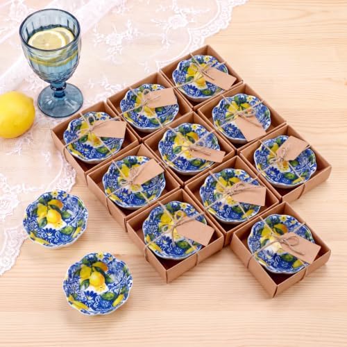 SiliFine 12 Pcs Capri Lemon Party Favors for Guests Small Ceramic Bowl Bulk Gifts Set 3.3 Inch Floral Design Mini Dipping Sauce Dish with Card Box for Bridal Pooja Baby Shower Birthday Guest Gift by SiliFine