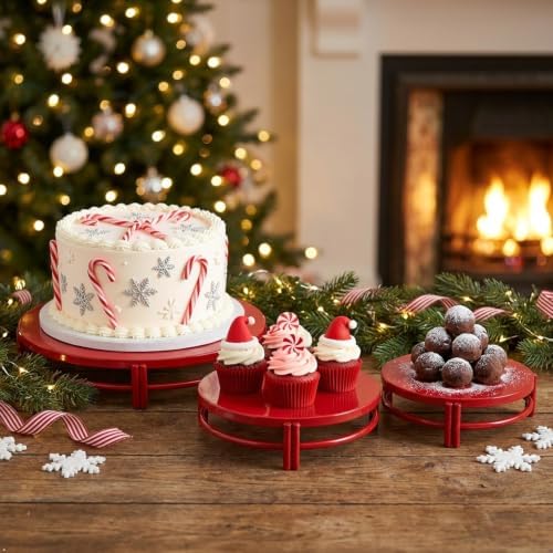 Red 3Pcs Nesting Metal Cake Plate Stand Set 8"10"12" Dessert Display - Image 3