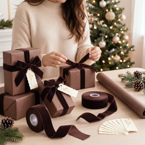 Matte Brown Christmas Kraft Wrapping Paper 45 ft Velvet Ribbon 12 Gift Tags - Image 6