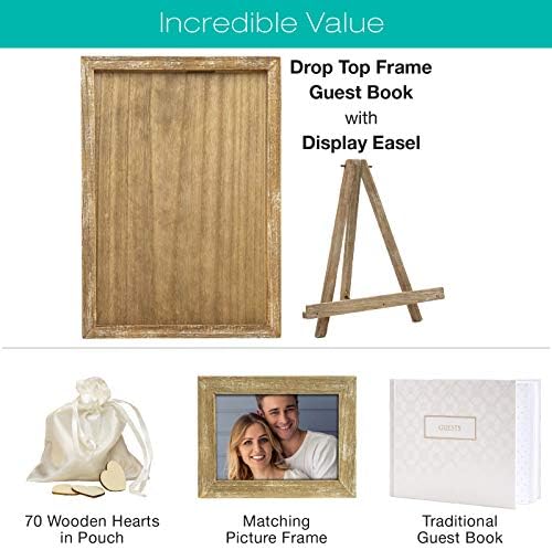 EXCELLO GLOBAL PRODUCTS Wedding Guest Drop Top Frame Wedding Guest Book Alternative With 70 Blank Wooden Hearts, a Traditional Guest Book, Picture Frame, and Display Easel (RUSTIC BROWN WOOD) - Image 2