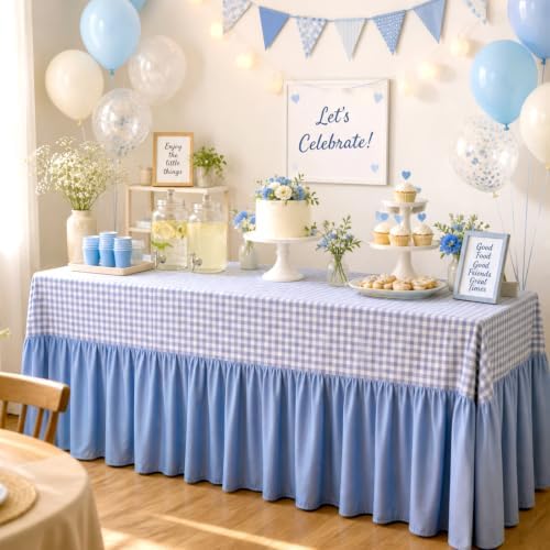 Haze Blue Gingham Tablecloth Plaid Ruffled Table Skirt, 132 x 90'' by Unknown