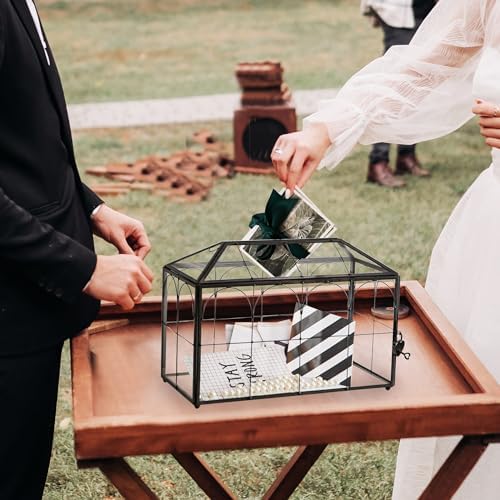 Wedding Card Box with Slot, 12.6'' Large Glass Card Boxes for Reception, Black Geometric Holder, Clear Decorative Storage Box with Lock for Baby Shower, Birthday Party, Christmas, Bridal Shower - Image 7