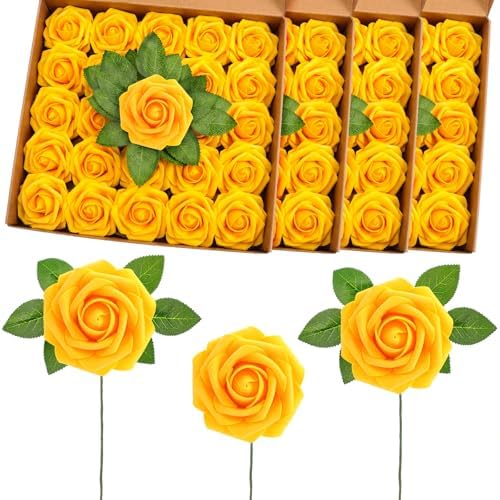 100 Pcs Artificial Rose Flowers, Yellow by Luinabio