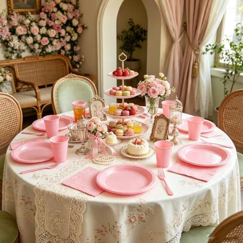 Pink Plastic Party Plates Set, Disposable Light Pink Plates and Napkins for Party, 50 of Each 9" Dinner Plate, Napkins, Cups & Cutlery Plastic Party Supplies for Birthday, Baby Shower, Wedding - Image 4