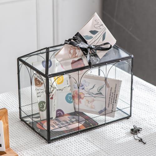 Glass Cards Box with Slot & Lock - 10.2" x 5.9" x 8" Vintage Geometric, Wedding Receptions, Home Reception, Tabletop Decor, Christmas Party, Black - Slot Length 6.1 Inches - Image 7