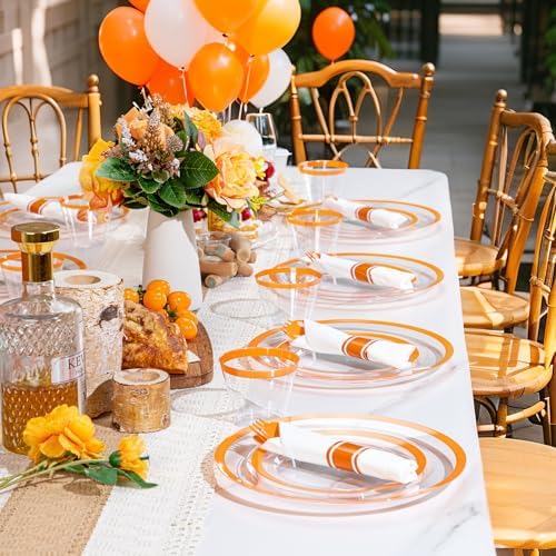 I00000 350 Pcs Clear Orange Plastic Plates Dinnerware Set for 50 Guests - Image 4
