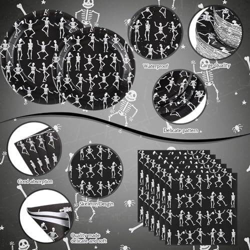 Funnymoom 452 Pcs Halloween Skeleton Party Decorations, Human Bones Dancing Skeleton Paper Plates Napkins Cups Tablecloth Cutlery Straws for Spooky Ghost Themed Birthday Party Supplies, Serves 50 - Image 3